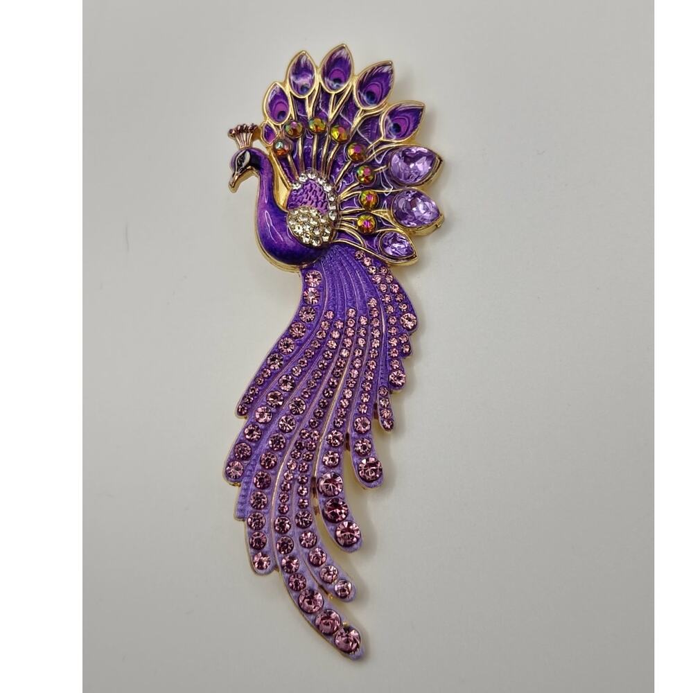 Peacock Brooch Elaborate Purple Silver & Gold Color Rhinestones Faux Jewels